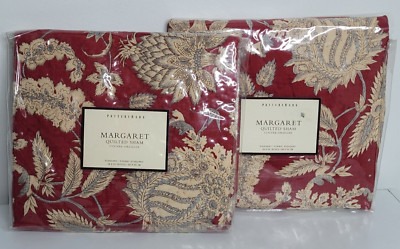 2 Pottery Barn Quilted Pillow Shams Lot Set Margaret Floral Red Standard Linen-image