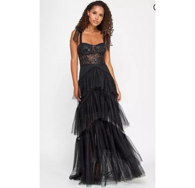 Women Juniors CITY STUDIO Black Ruffle Tiered Tulle Sequin Lace Gown Size 3/4-image