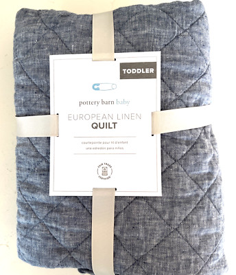 New Pottery Barn Kids Baby/Toddler European Linen Quilt, Blue-Grey-image