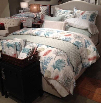 Pottery Barn Del Mar Duvet Cover Blue King 2 King Shams Coral Sea Shells Coastal-image