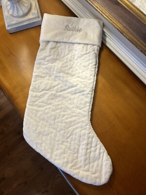Pottery Barn Channel Quilted Velvet Stocking Ivory LARGE Mono “Ruthie” Read!-image