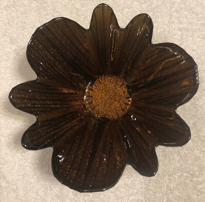 Studio Silversmiths Amber Glass 5.5” Diameter Bowl Flower Shaped-image