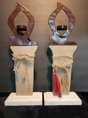 Pair Candle Shaped Torch Tea Light Holder Rustic Decor + Hand Dipped Candles-image