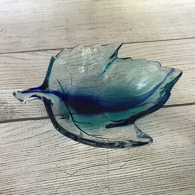 Studio Nova Art Glass Candy Trinket Dish Autumn Maple Leaf Cobalt Blue-image