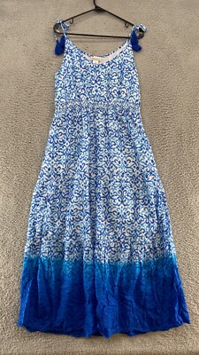 Tommy Bahama Maxi Dress Womens Large Ombre Dip Dyed Resort Cruise Tassels Blue-image