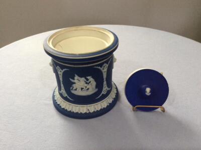Wedgwood cobalt dipped jasperware tobacco jar with insert and tamper-image