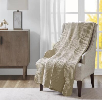 Throw Blanket Scalloped Edge Khaki Color Couch Decorative Quilted Sofa Cover-image