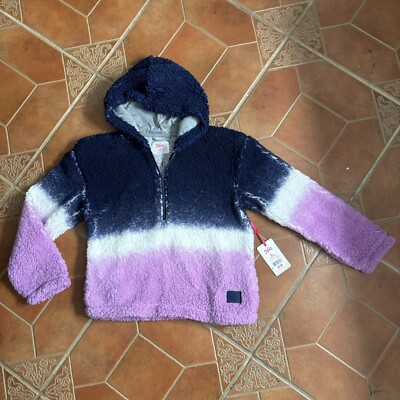 Justice Girls Sherpa Hoodie Blue Dip Tie Dye Quarter Zip Logo Pockets Size 12/14-image
