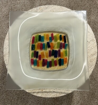 Large Fused Glass Art Glass Bowl Platter Signed 14.5