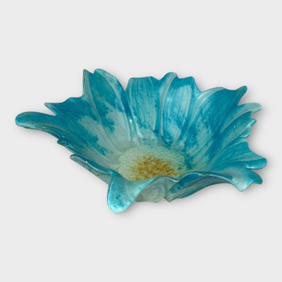 AKCAM Blue And Yellow Floral Shaped Glass Bowl Made in Turkey Decor Vintage-image
