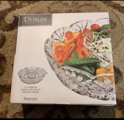 New in Box Godinger Crystal Dublin Large Shannon Chip-n-Dip bowl.  Retail 39.99-image