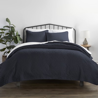 3 Piece Navy Quilt King Size Bed Set - A Lightweight Bedspread & Machine Wash...-image