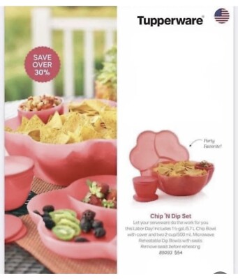 Tupperware CHIP 'N DIP Serving Bowl Set Guava  Large 1.5 Gallon w/2 Dip Bowls-image