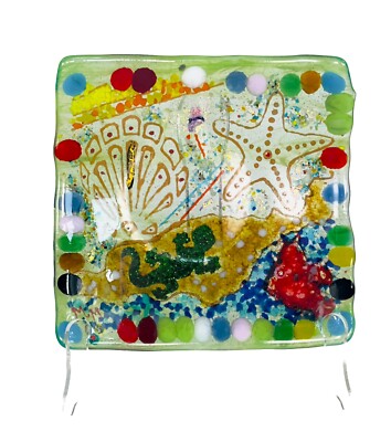 Fused Studio Art Glass Tide Pool Bowl Dish Signed-image