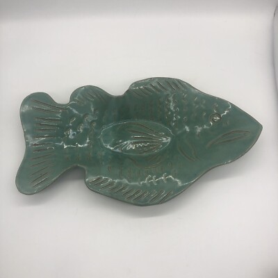 Vintage Studio Art Pottery Green Glazed Fish Shaped Large Bowl Signed-image