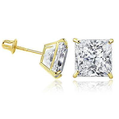 14K Solid Yellow Gold Square Princess Cubic Zirconia Screw Back Stud Earrings-image