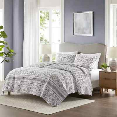 Madison Park Quilt Set 3PC Queen Scrolling Vine Gray NIP-image