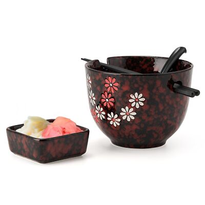 JIEMEI HOME Ceramic Ramen Bowl with Square Dipping Saucer Chopsticks & Soup S...-image
