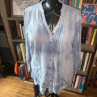 Reba blue tie dye pink tuck flowy L boho lace dipped hem blouse-image
