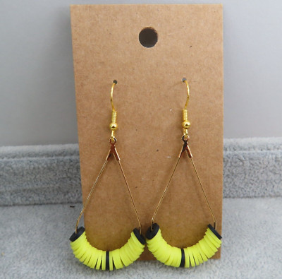 Pemby Studio NEON YELLOW Black Teardrop Hoop Earrings Soft Clay Beads Gold Tone-image