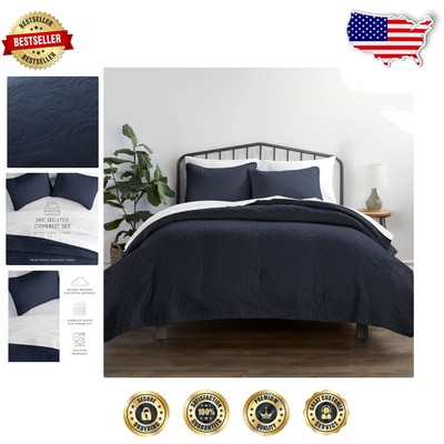 Stylish Machine Washable Navy Quilt Set - King Size with Pillow Shams Included-image