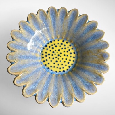 Bohemian Art Pottery Snack Dish Light Blue & Yellow Flower Shaped Trinket Bowl-image