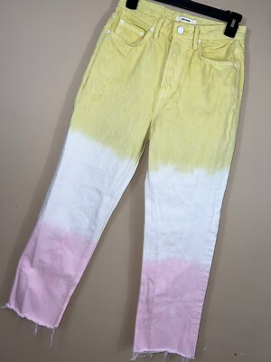 Grlfrnd Mica Jeans 26 Dip Dye Yellow White Pink Crop Frayed Hem Button Fly Y3M-image