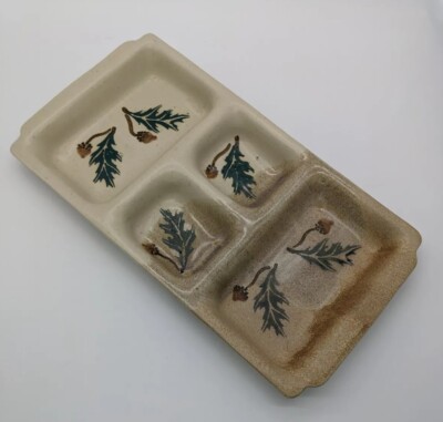 Stegalls Art Pottery Studio Handmade Divided Tray Acorn & Green Leaf Signed -EUC-image