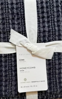 Pottery Barn Honeycomb Waffle Weave Cotton Sham King Midnight Navy Blue New-image