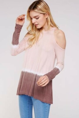 Urban X Pink and Mocha Mock neck Long sleeve Cold Shoulder Dip Tie dye Tunic Top-image
