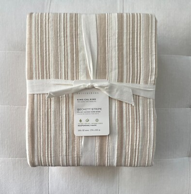 Pottery Barn BECKETT STRIPE YARN DYED Duvet Cover King/Cal King Khaki NWT-image