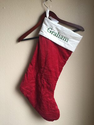 Pottery Barn Large velvet Stocking Red with Ivory cuff GRAHAM Mono 7X-image