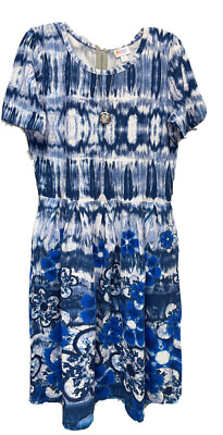 NWT 2.0 LuLaRoe XL Royal Blue & White Tie Dye Floral Dipped Amelia Zip Dress-image