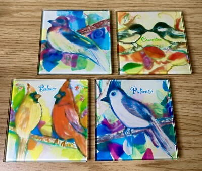 Glass Bird Drink Coasters 4” Footed Set of 4 Connection Peace Balance & Patience-image