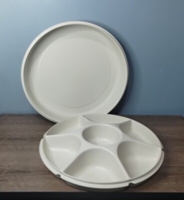 Tupperware Divided Serving Party Tray 1665-3 Almond With Lid 1666-3 No Dip Bowl-image