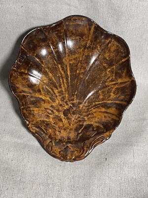 VTG Mars Pottery 10” Shell Shaped Bowl Studio Art Burl Wood Brown Signed & Dated-image