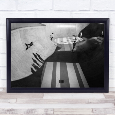 Black & White Skatepark Dipped Skaters Scooter Shadows Wall Art Print-image