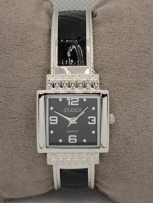 Ladies Studio Time Stylish Square Silver Tone Black Cuff Bracelet Watch J5-image