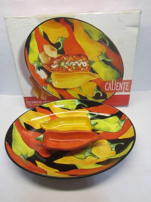 Large Clay Art Les Jardins Stonelite Bowl and 2 Section Dip Salsa Dish Peppers-image