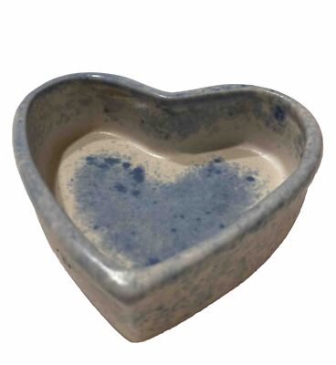 Vintage Heart Shaped Studio Art Pottery Blue Trinket Dish Bowl Valentines Day-image