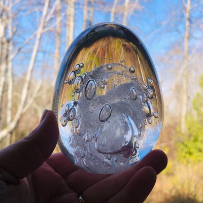 Studio Art Blown Glass PAPERWEIGHT Egg Shaped Bubbles Swirl Wave Signed Thie 4