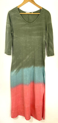 VASNA Italy Green Dip Dye Ombre Maxi Dress Size L V Neck Slits Boho Casual Comfy-image