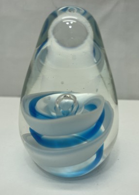 Studio Art Glass Paperweight Oval Egg Shaped w Twisted Blue White  Air Bubble￼￼￼-image