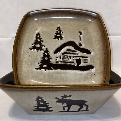 Home Studio Woodland Lg Square Stoneware Serving Bowl & Plate Pines/Moose/Canoe-image
