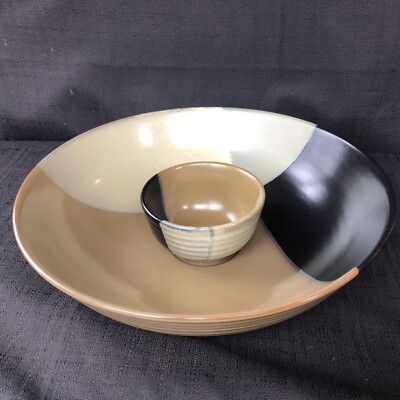 HTF! Sango Gold Dust Black Chip and Dip Bowl Set EUC! Large Serving Bowl -2 pcs-image