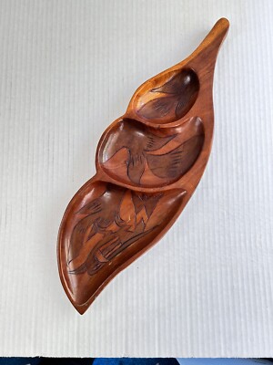 Large Vintage Monkey Pod Wood Bowl Leaf Shape Chip Dip Server Haiti Tiki Party-image