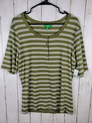 Dip Women's Size XL T-Shirt 3/4 Sleeves Striped Green White Button Front NEW -image