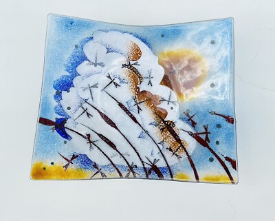Fused Studio Art Glass Console Bowl Dish Dragonflies Clouds Sun Signed 11”-image