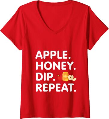 Apple Honey Dip Repeat Funny Rosh Hashanah Jewish Ladies' V-Neck Tshirt-image