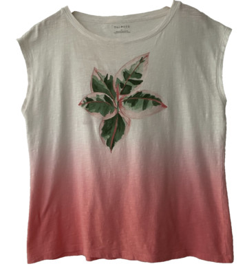 TALBOTS DIP DYE TROPICAL PLANT TEE Shirt Top LARGE-100% COTTON-CAP SLEEVE-image